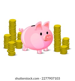 Cartoon pink piggy bank coins. 3d money coin. Business concept. Vector illustration.
