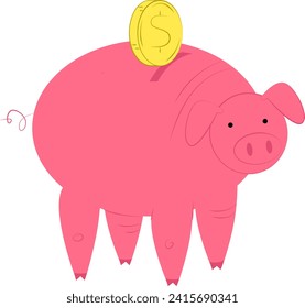 Cartoon pink piggy bank with a gold coin on its back. Cute pig money savings concept. Financial savings and investments vector illustration.