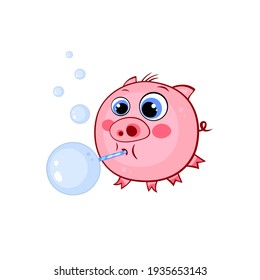 Cartoon pink piggy on white background inflates soap bubbles. Funny illustration for kids design.