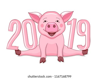 Cartoon pink piggy, symbol 2019 year according to Chinese astrology with three dimensional visual number 2019. Illustration for new year card, calendar cover. Isolated on white. eps 10
