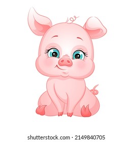 Cartoon pink piglet, vector illustration. Cute farm animal, isolated white background.