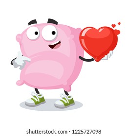cartoon pink pillow character mascot keeps the heart on white background
