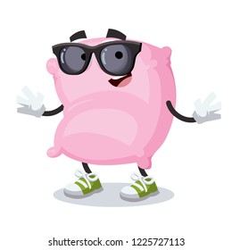 cartoon pink pillow character mascot in black sunglasses on a white background