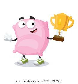 cartoon pink pillow mascot holds the number one cup on white background