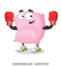 cartoon pink pillow mascot in red boxing gloves on white background