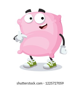 cartoon pink pillow mascot showing himself on a white background