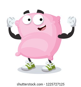 cartoon pink pillow mascot shows its strength on a white background