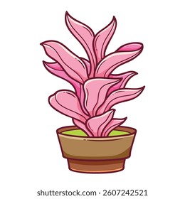 Cartoon Pink Potted Plant Vector Illustration on White Background