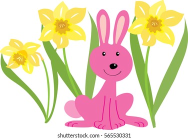 A cartoon pink rabbit with daffodils