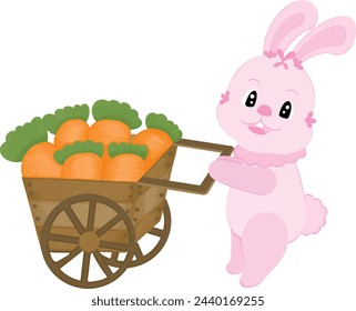Cartoon pink rabbit gardening with a wheelbarrow full of carrots.	
