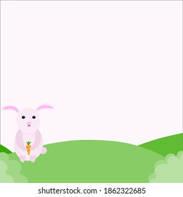 Cartoon pink rabbit image holding carrot Sitting on a green grass, soft pink background