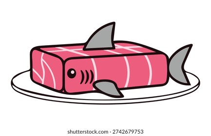 Cartoon pink raw meat block with shark fins on white plate