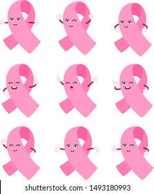 Cartoon pink ribbon character set. Breast Cancer Awareness Month Campaign. Icon design for poster, banner, t-shirt. Illustration isolated on white background.