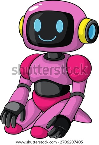 Cartoon pink robot sitting cross-legged, smiling, vibrant colors, clean vector illustration style