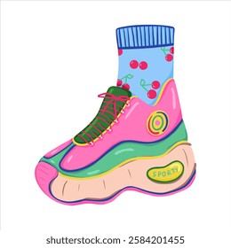 Cartoon pink sneakers on the platform and blue socks with cherry. Sports shoes for girl. Cool sport footwear. Sticker, print, greeting cards. Vector illustration on a white background.