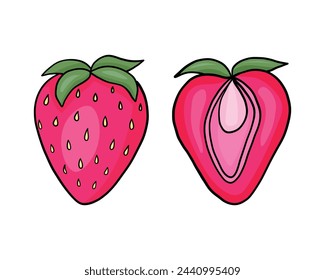 Cartoon pink strawberries isolated on white. Vector illustration of fresh farm organic berry used for magazine, book, poster, menu cover, web pages.