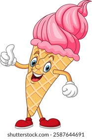 Cartoon a pink strawberry ice cream giving thumb up