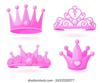 Tiara cor de rosa. Princesa coroa, menina rainha diadem com coração diamante joias femininas belas tiaras reais pequenas princesas moda realeza bonito conjunto limpo vetor ilustração