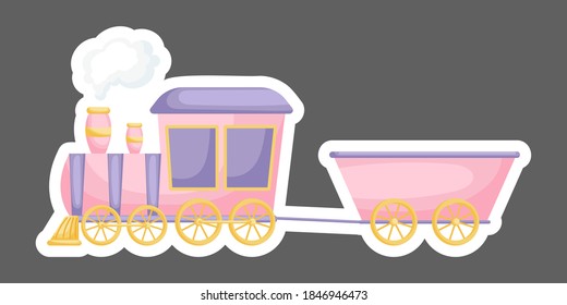 Cartoon rosa Zug für Design von Notebook, Karten, Einladung. Cute Aufkleber Vorlage mit Cartoon-Bild verziert. Farbiger Zug im flachen Stil, einfaches Design. Flache Vektorgrafik.