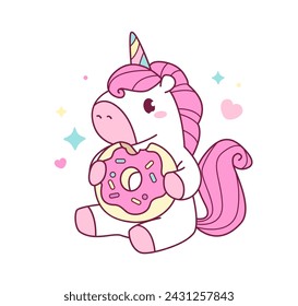 Cartoon Pink Unicorn Pony character hug donut kids apparel print design. Fairytale pony animal. Cute Fat Unicorn sticker or badge. Perfect for birthday party, party