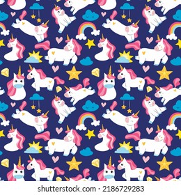 Cartoon pink unicorns girls fashion sketch icons with fancy rainbow, stars, clouds and other details. A mix with a unicorn and a trifle. Pattern