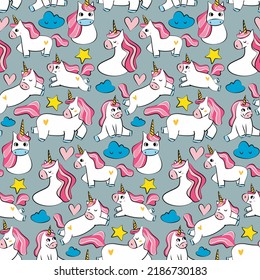 Cartoon pink unicorns girls fashion sketch icons with fancy rainbow, stars, clouds and other details. A mix with a unicorn and a trifle. Pattern