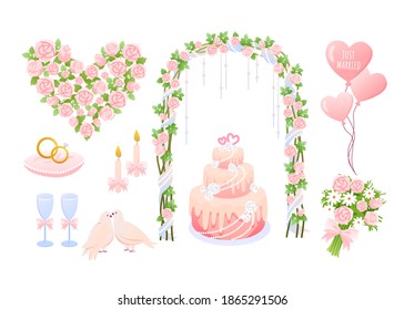 Cartoon pink wedding decoration collection with heart shaped balloons, bride groom jewelry rings, dove birds, cake and decorative flower bouquet Wedding elements vector illustration