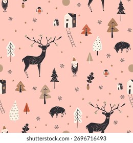 Cartoon rosa Wintermuster. Festlicher nahtloser Hintergrund.

