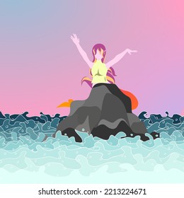 cartoon pink-haired mermaid with iridescent tail on a rock in the middle of sea waves at sunset, suitable for advertising, backgrounds, brochures, posters, albums, covers, children's books, booklet