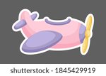 Cartoon pink-purple plane for design of notebook, cards and invitation. Cute sticker template decorated with cartoon image. Colorful airplane flat style design. Vector stock illustration.