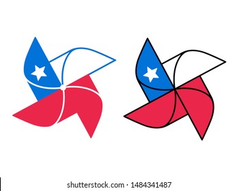 Cartoon pinwheel icon with Chile flag design. Classic wind toy symbol. Isolated vector clip art illustration.