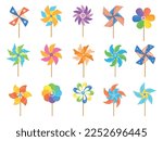 Cartoon pinwheel. Paper propller kid toy, set color windmills baby joy wind mill summer weather, breeze wheel child color whirligig spinner or weathercock, neat vector illustration