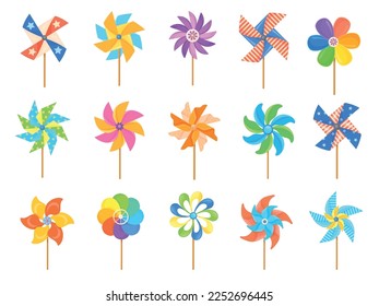 Cartoon pinwheel. Paper propller kid toy, set color windmills baby joy wind mill summer weather, breeze wheel child color whirligig spinner or weathercock, neat vector illustration svg
