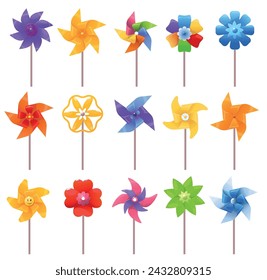 Cartoon pinwheel toys. Colorful spinning windmills made of paper. Kids propellers with different shape blades. Breeze mills. Rotated fans. Quantity vane. Vector plastic