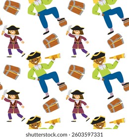 Cartoon pirate adventure pattern with diverse characters and treasure chests.