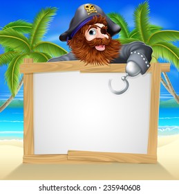 Cartoon pirate beach sign illustration of a fun cartoon pirate pointing over a sign on a beach