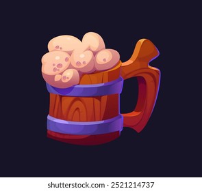 Cartoon pirate beer tankard. Isolated vector wooden mug, brims with foamy brew or ale, its sides adorned with curve handle and metal loops. Rugged wood cup for a convivial gathering in the corsair pub