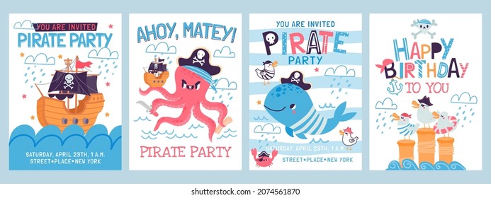 Tarjetas de invitación para fiestas de cumpleaños piratas de caricatura para niños. Afiches de aventuras marítimas felices con barcos piratas, pulpo, gaviota y conjunto de vectores de ballena. Celebración de las fiestas del bebé con personajes bajo el agua