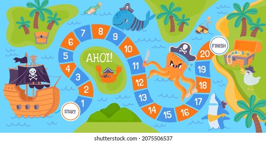 Cartoon pirate board dice game with map road to treasure. Education sea adventure for kids with characters, island and ship vector template. Tropical seashore with whale, octopus and shark