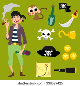 Cartoon Pirate with bottle of rum Vector Illustration. Set of Pirates Icon