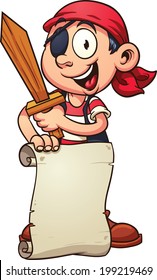 Cartoon pirate boy holding a paper scroll and a sword. Vector clip art illustration with simple gradients. Sign and character on separate layer. 