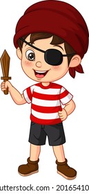 Cartoon pirate boy holding wooden sword