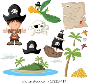 Niño pirata de caricatura con conjunto de íconos piratas. 