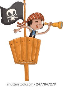 Cartoon pirate boy looking through a telescope in a crows nest
