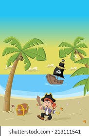 Cartoon Pirate Boy On A Beautiful Tropical Beach