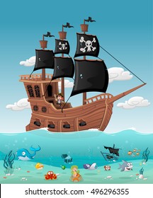 Cartoon pirate boy on a ship with fish and mermaid under water. 
