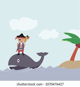 Cartoon pirate boy standing on a whale with a parrot on his shoulder, near a tropical island. Fun children’s illustration for nautical or adventure themes in a playful style.