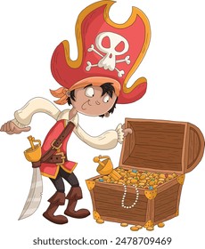 Cartoon pirate boy with swords opening a casket with treasure
