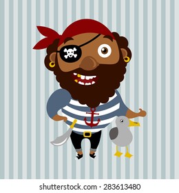 Cartoon pirate with bread and sword. Flat style. Perfect for birthday and theme party invitations. 