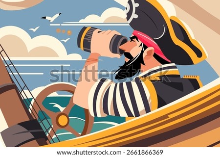 Cartoon pirate captain with a beard looking through a spyglass while steering a ship, seagulls flying in the sky. Colorful vector illustration, nautical adventure, sea voyage concept.
